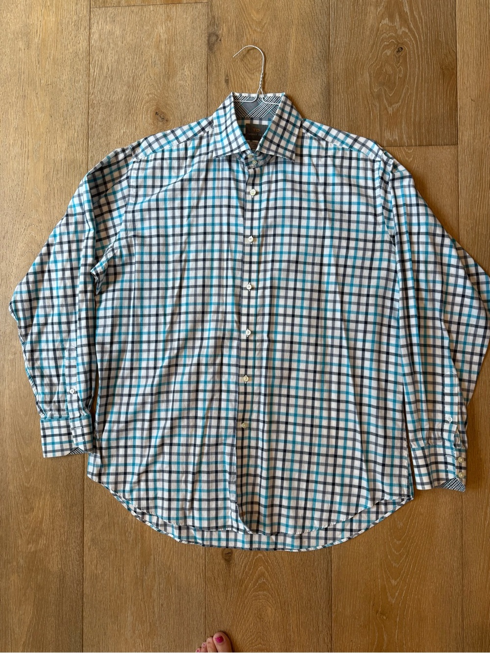 Thomas Dean Blue and White Checked Long-Sleeve Dress Shirt